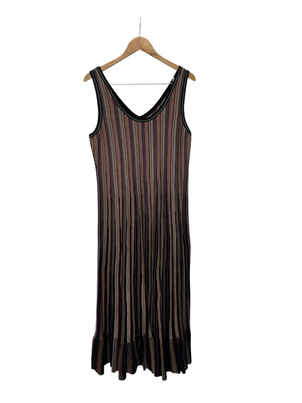 Peruvian Connection Long Knit Black Rainbow Stripe Pima Cotton Dress L
